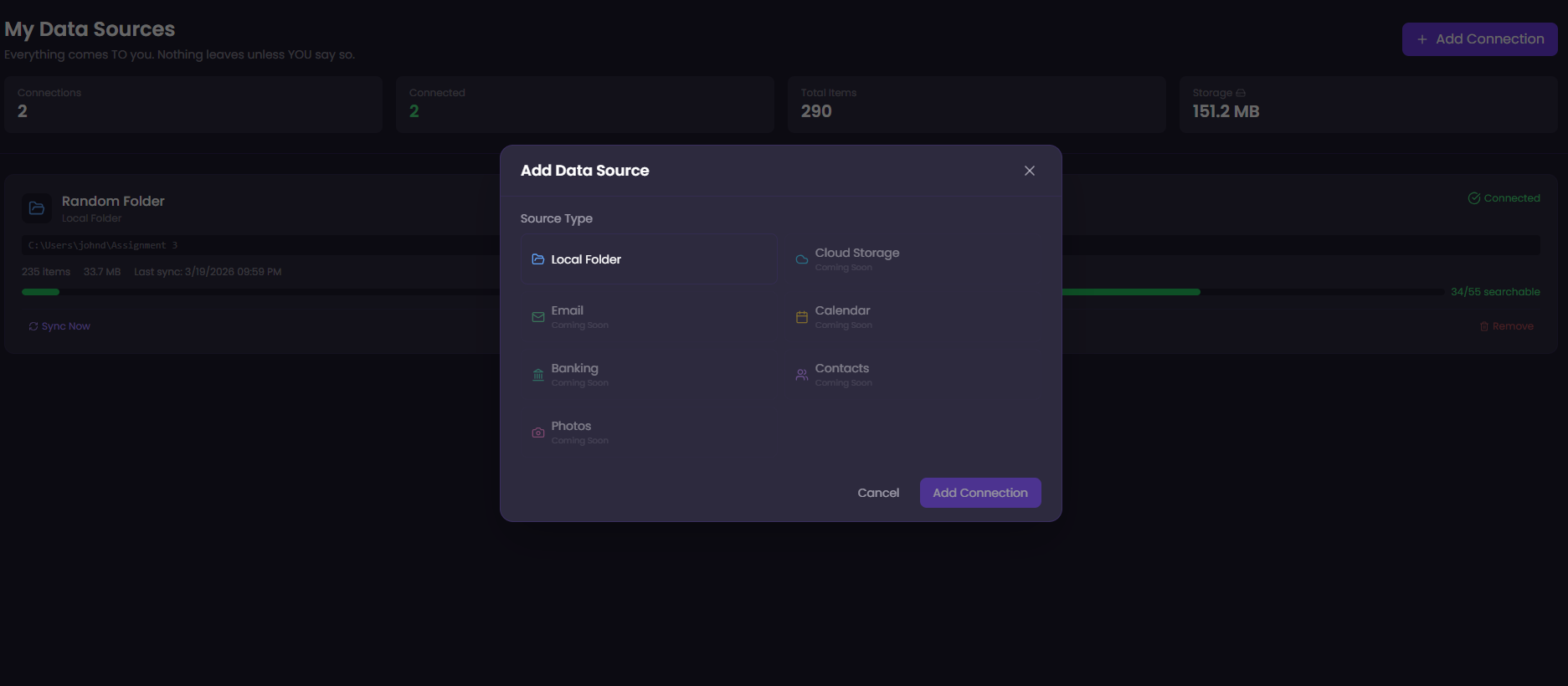 Add Data Source modal with 7 connector types