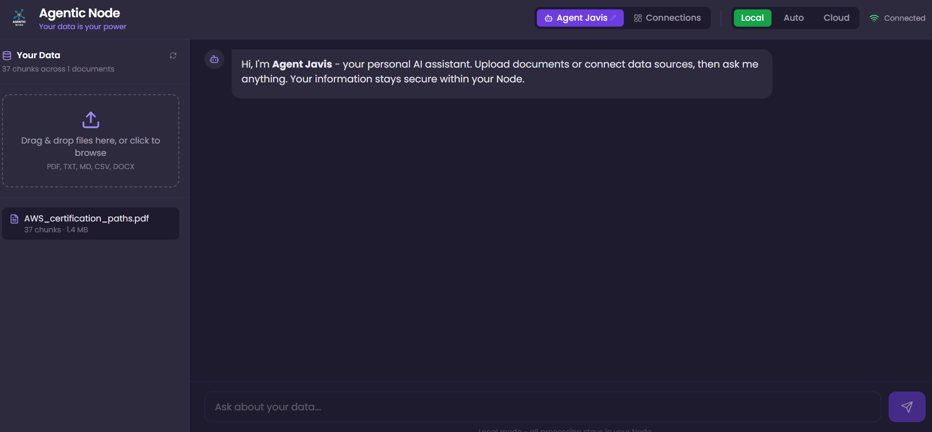 Agent Javis chat interface with RAG-powered response