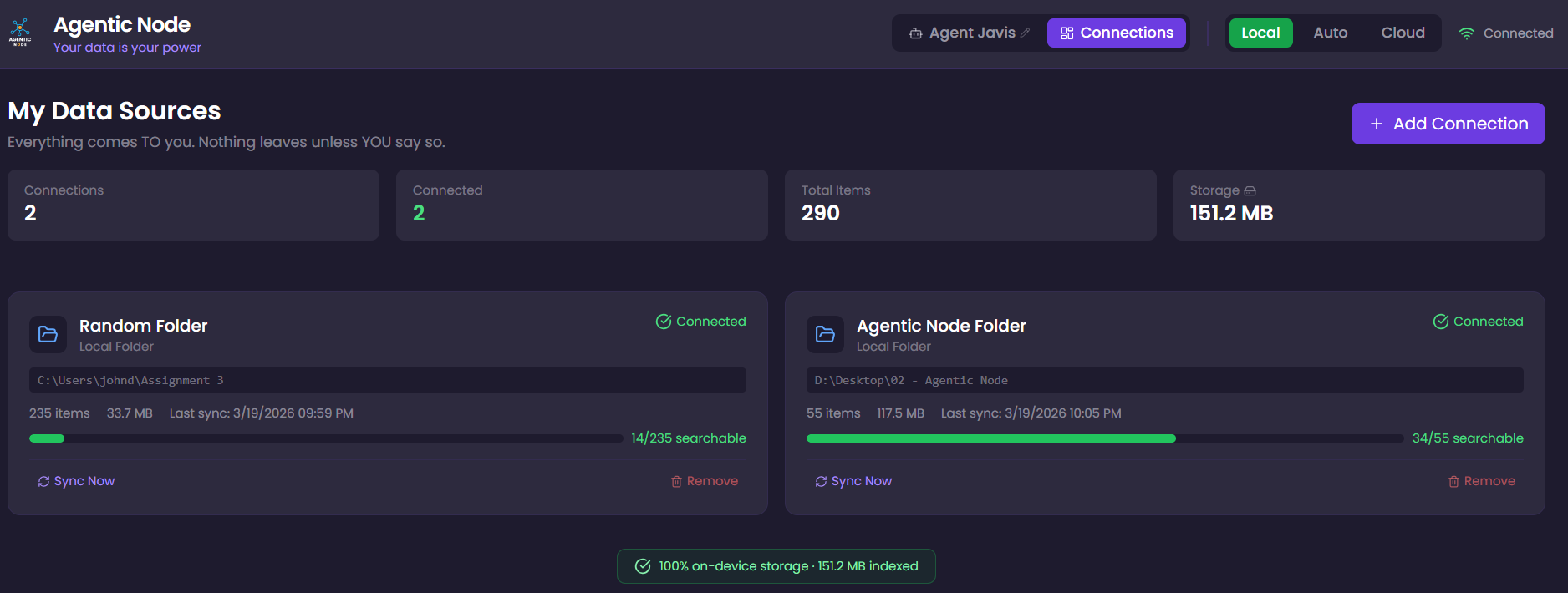 Connections Dashboard showing 2 connected local folders with RAG progress bars
